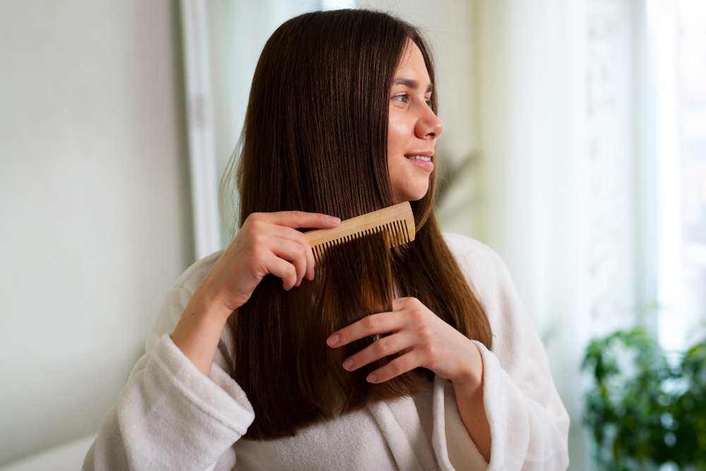 Uma mulher penteando o seu cabelo longo